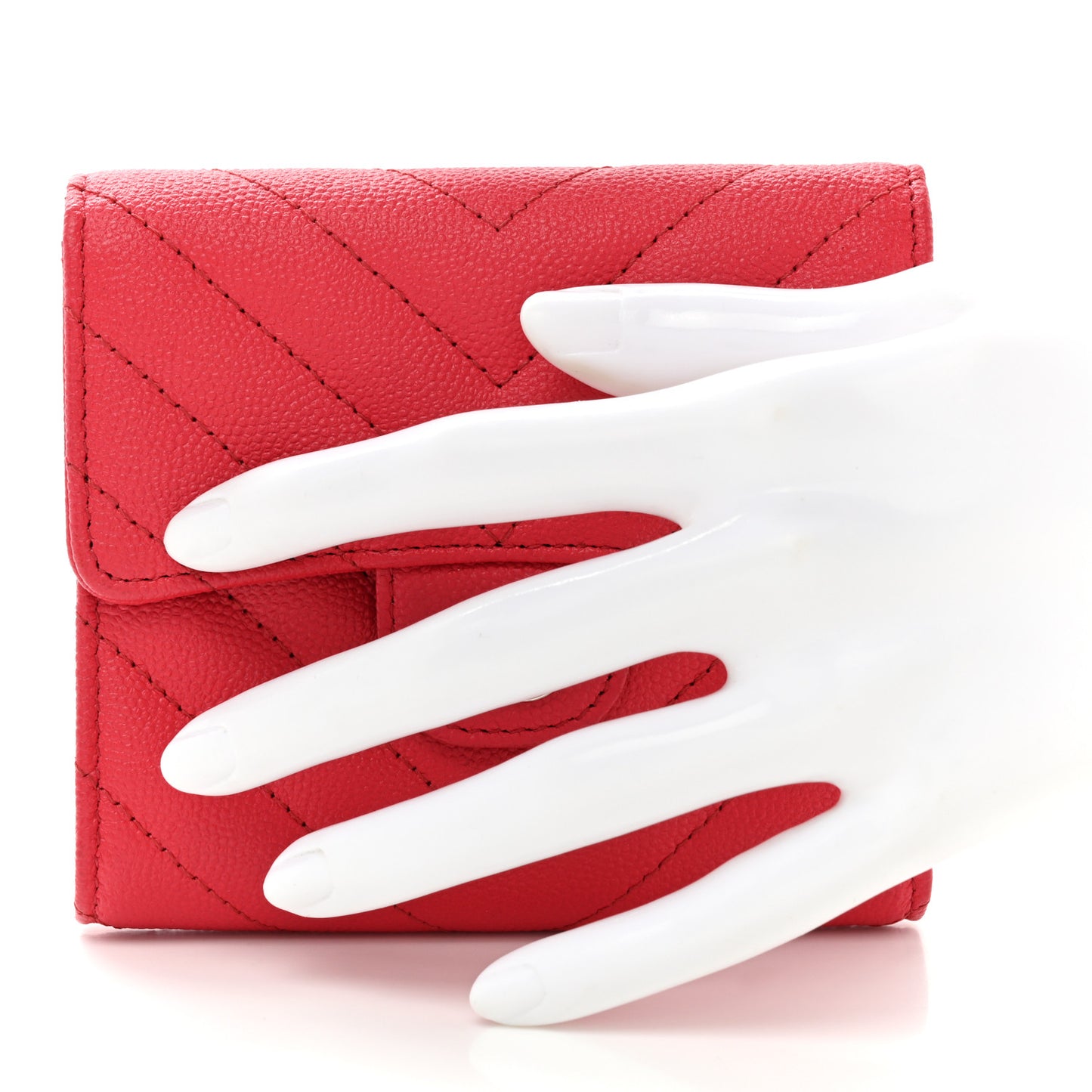 Caviar Chevron Quilted Compact Flap Wallet Red