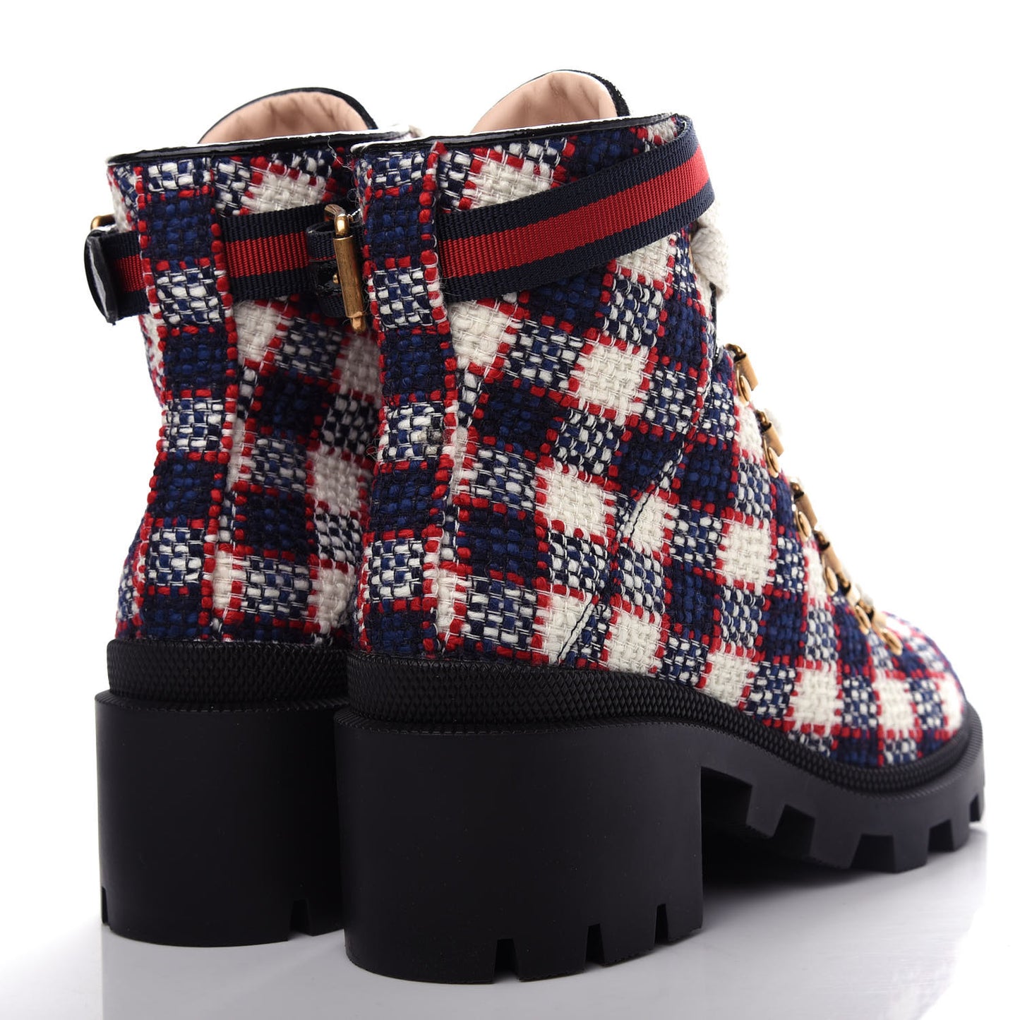 Vintage Tweed Check Lace Up Combat Ankle Boots 36.5 White Hibiscus Red Marine