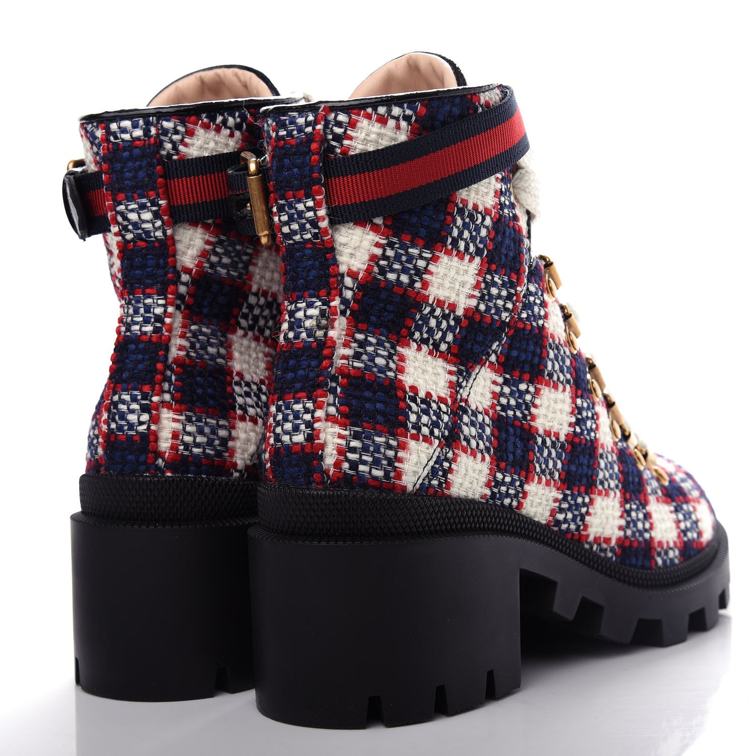 Gucci Vintage Tweed Check Lace Up Combat Ankle Boots 36.5 White Hibiscus Red Marine 4 of 11