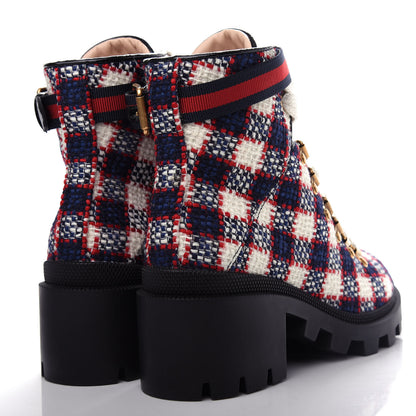 Gucci Vintage Tweed Check Lace Up Combat Ankle Boots 36.5 White Hibiscus Red Marine 4 of 11