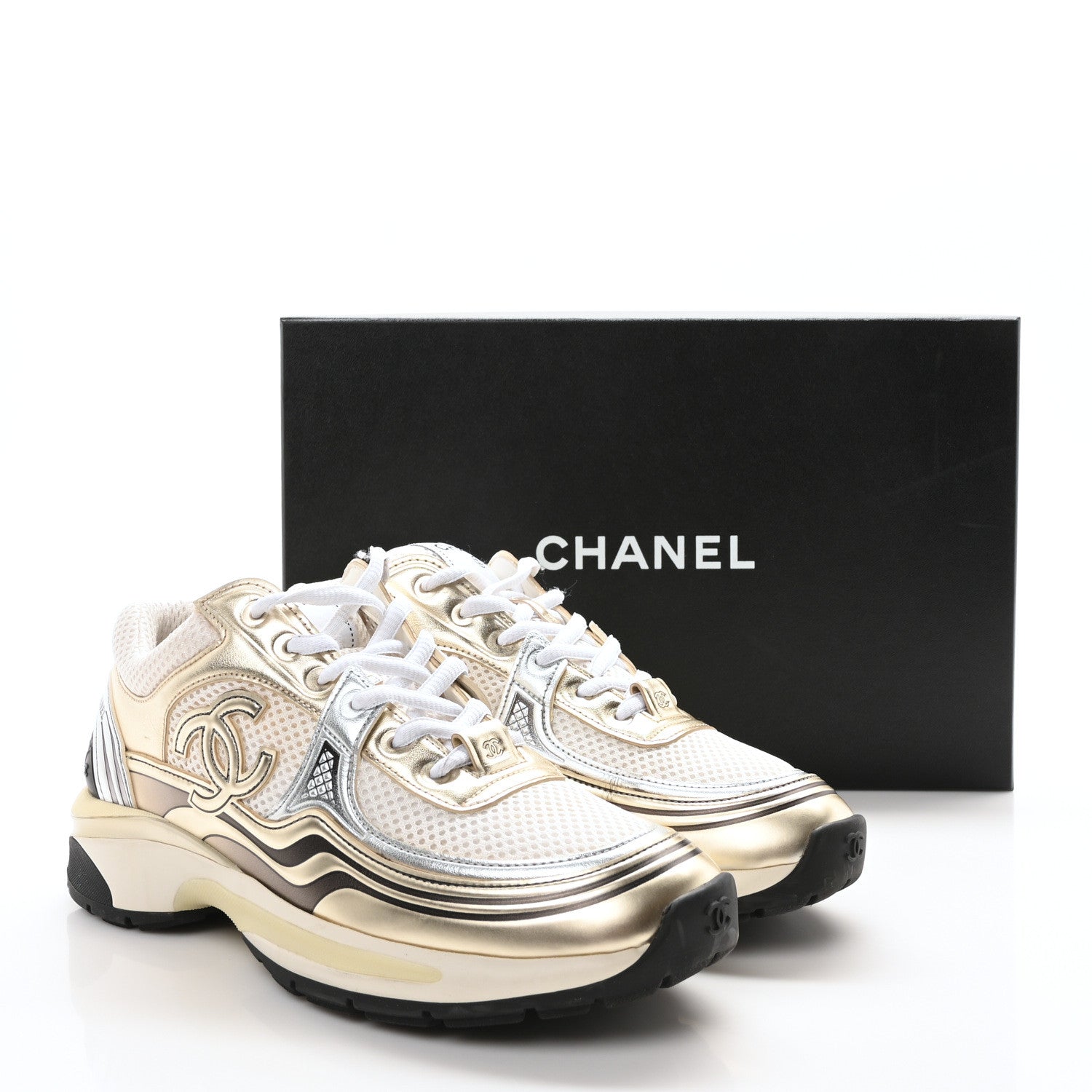 Chanel Fabric Laminated Calfskin Stretch CC Womens Sneakers 37.5 White Gold Silver 9 of 9