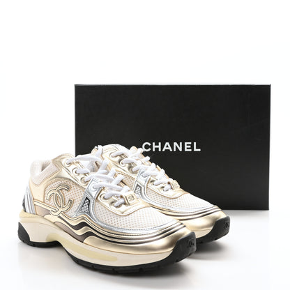Chanel Fabric Laminated Calfskin Stretch CC Womens Sneakers 37.5 White Gold Silver 9 of 9