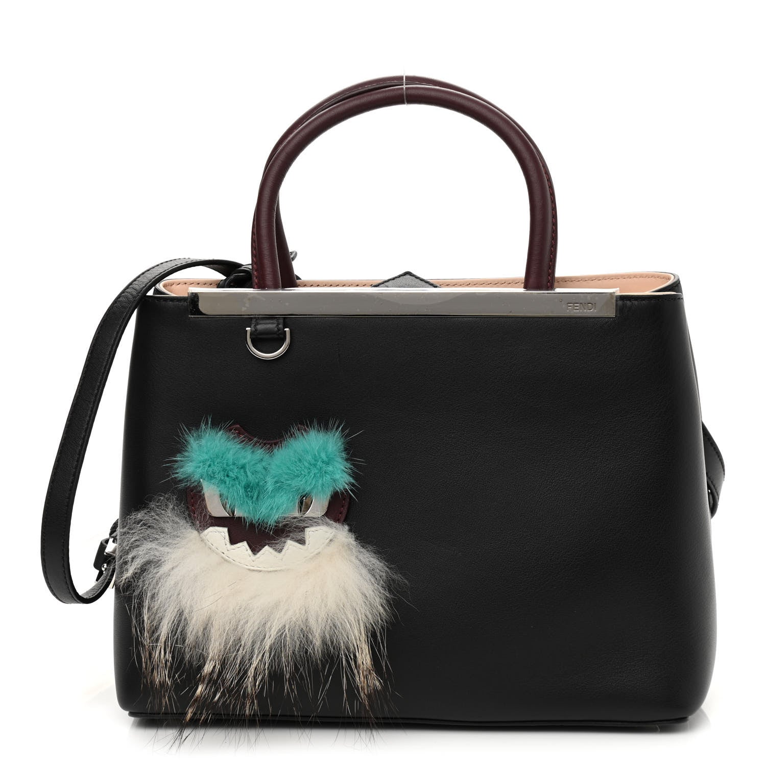 Fendi Vitello Dolce Fox Mink Bi-Color Monster Mirror Charm Petite 2Jours Tote Black Bordeaux Acquamarine 1 of 10