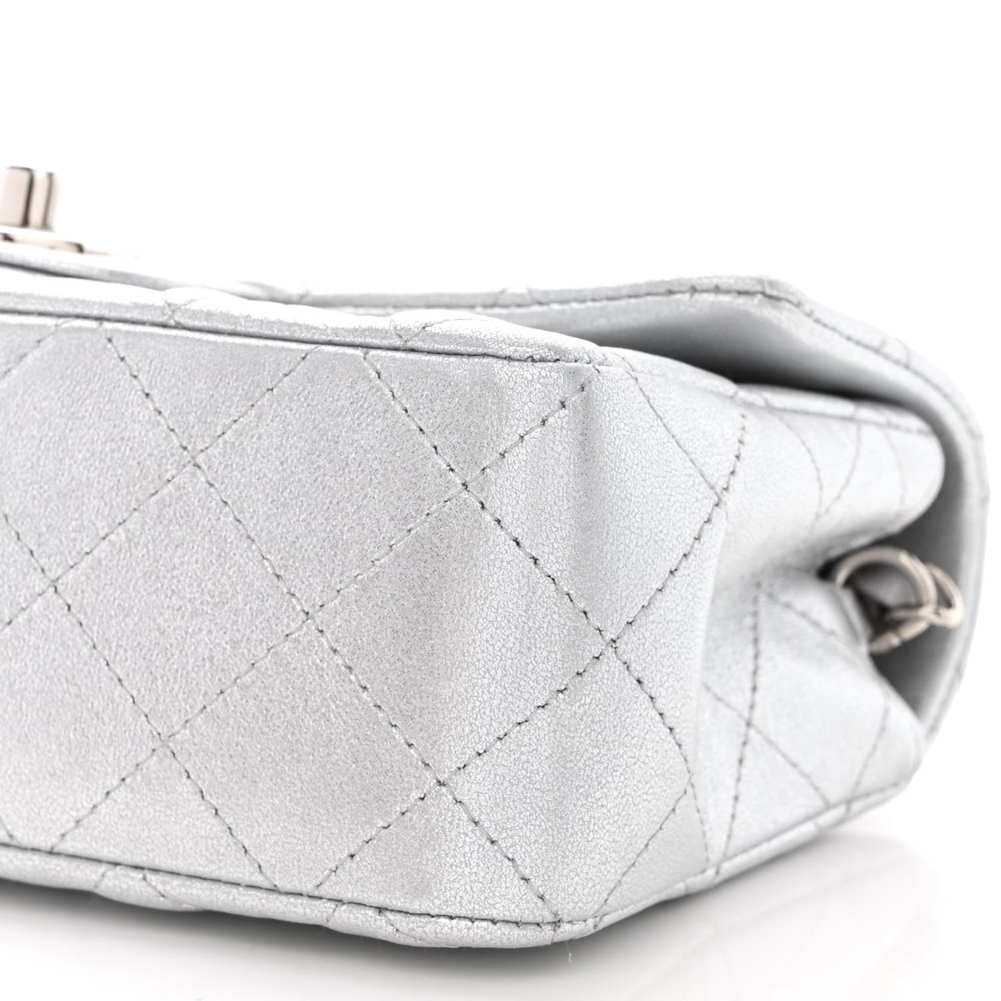 Metallic Lambskin Quilted Mini Rectangular Flap Silver