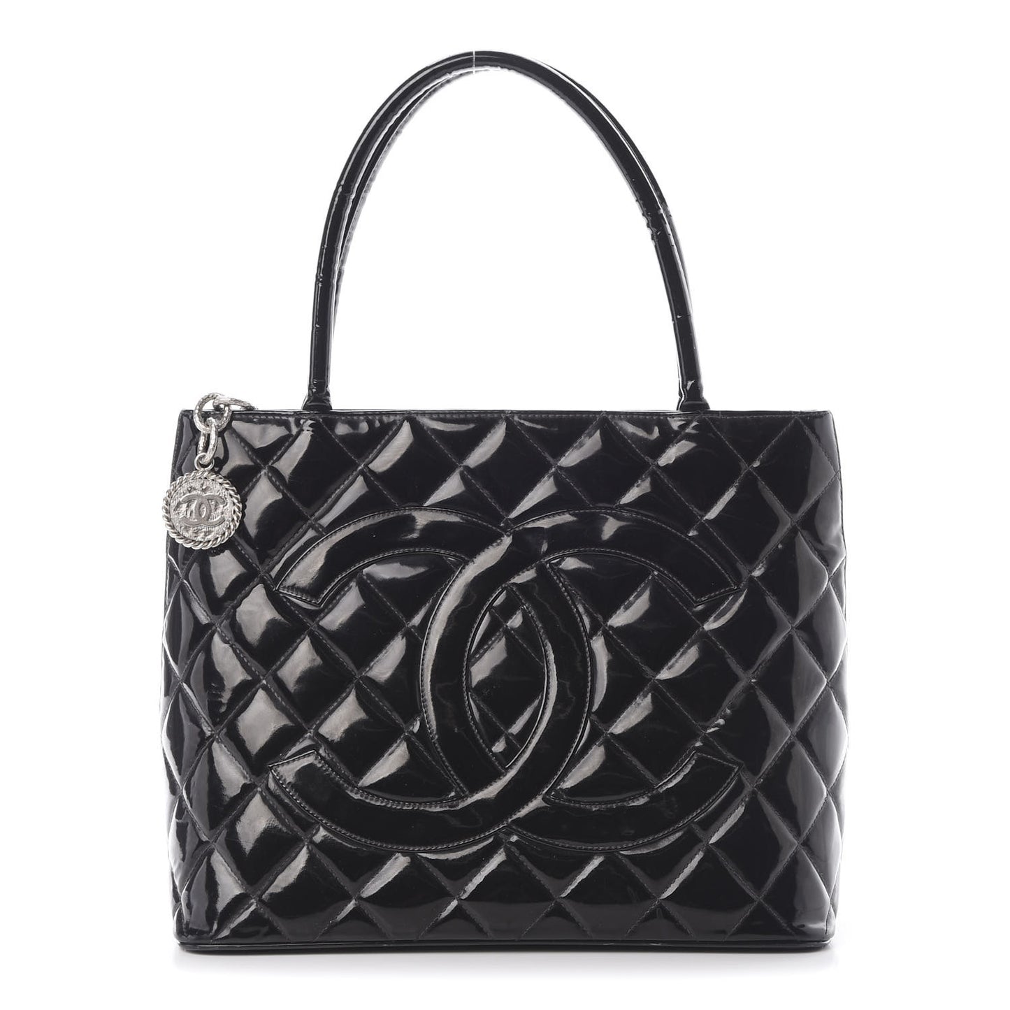 Patent Quilted Medallion Tote Black