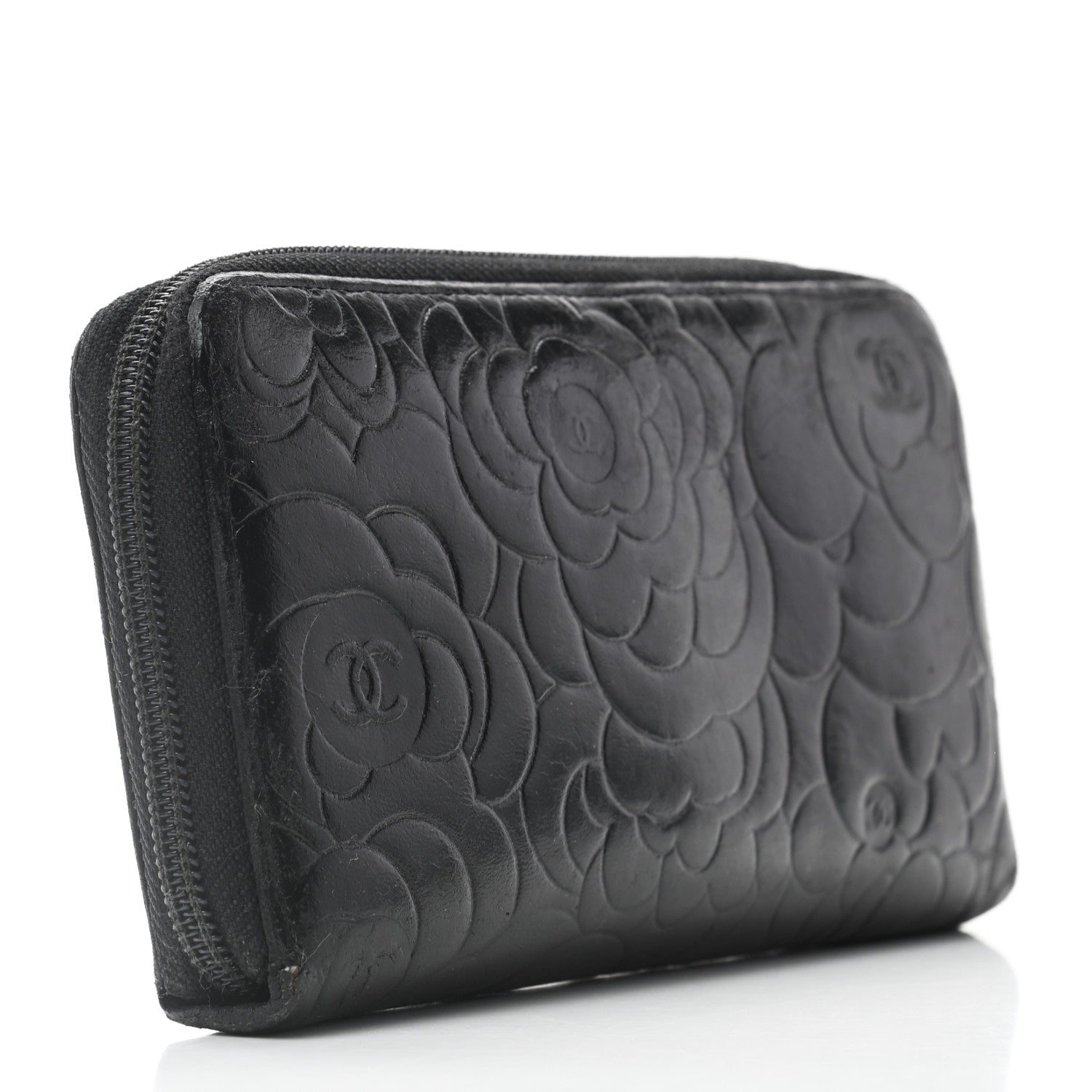 Chanel Lambskin Camellia Embossed Large Zip Around Gusset Wallet Black 3 of 8