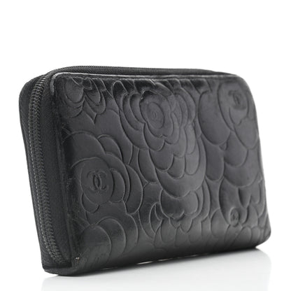 Chanel Lambskin Camellia Embossed Large Zip Around Gusset Wallet Black 3 of 8