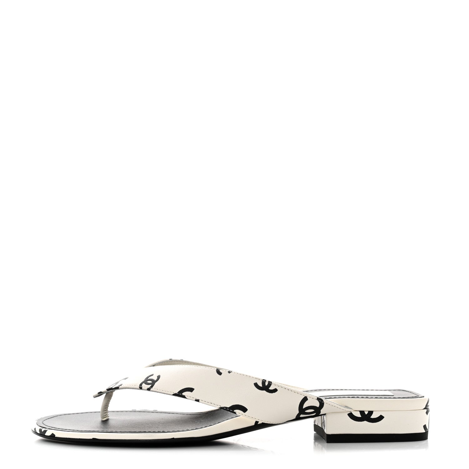 Chanel Lambskin Printed CC Thong Sandals 39.5 White Black 1 of 9