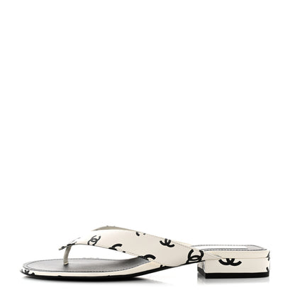 Chanel Lambskin Printed CC Thong Sandals 39.5 White Black 1 of 9