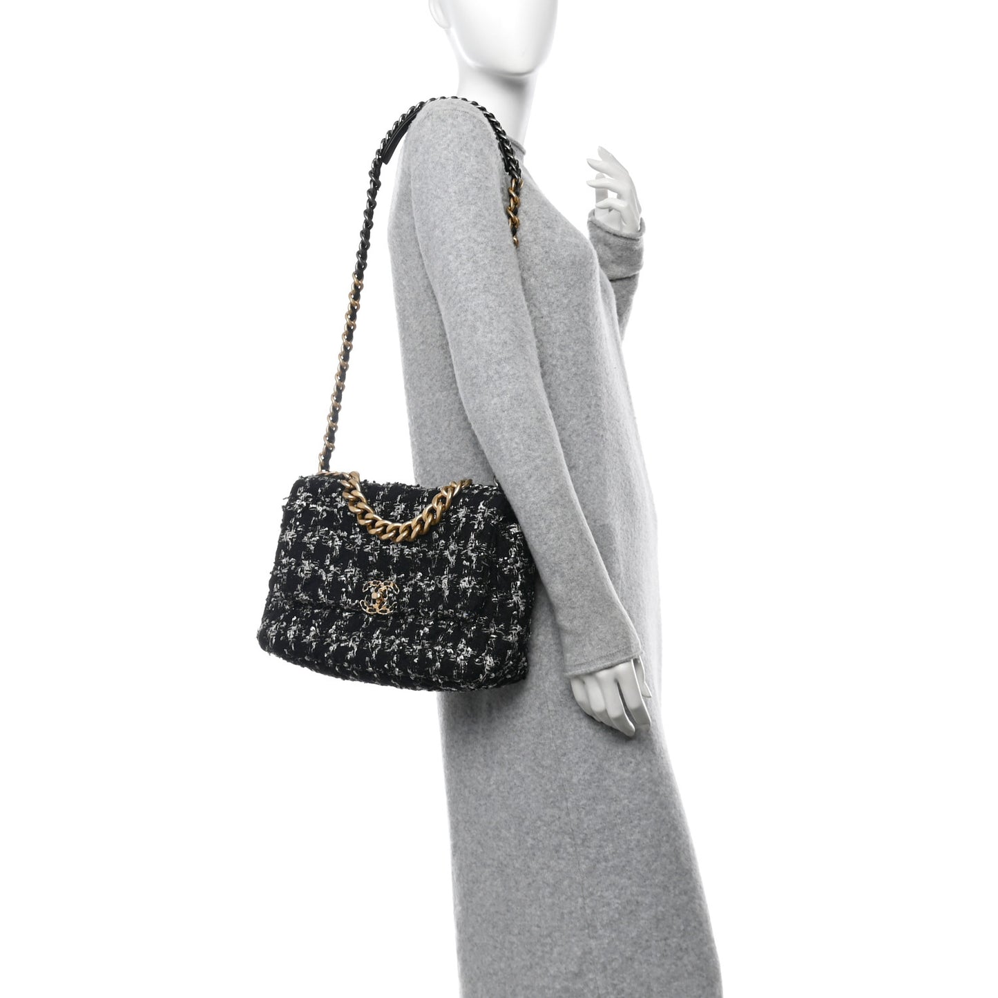 Tweed Quilted Large Chanel 19 Flap Black Silver Ecru