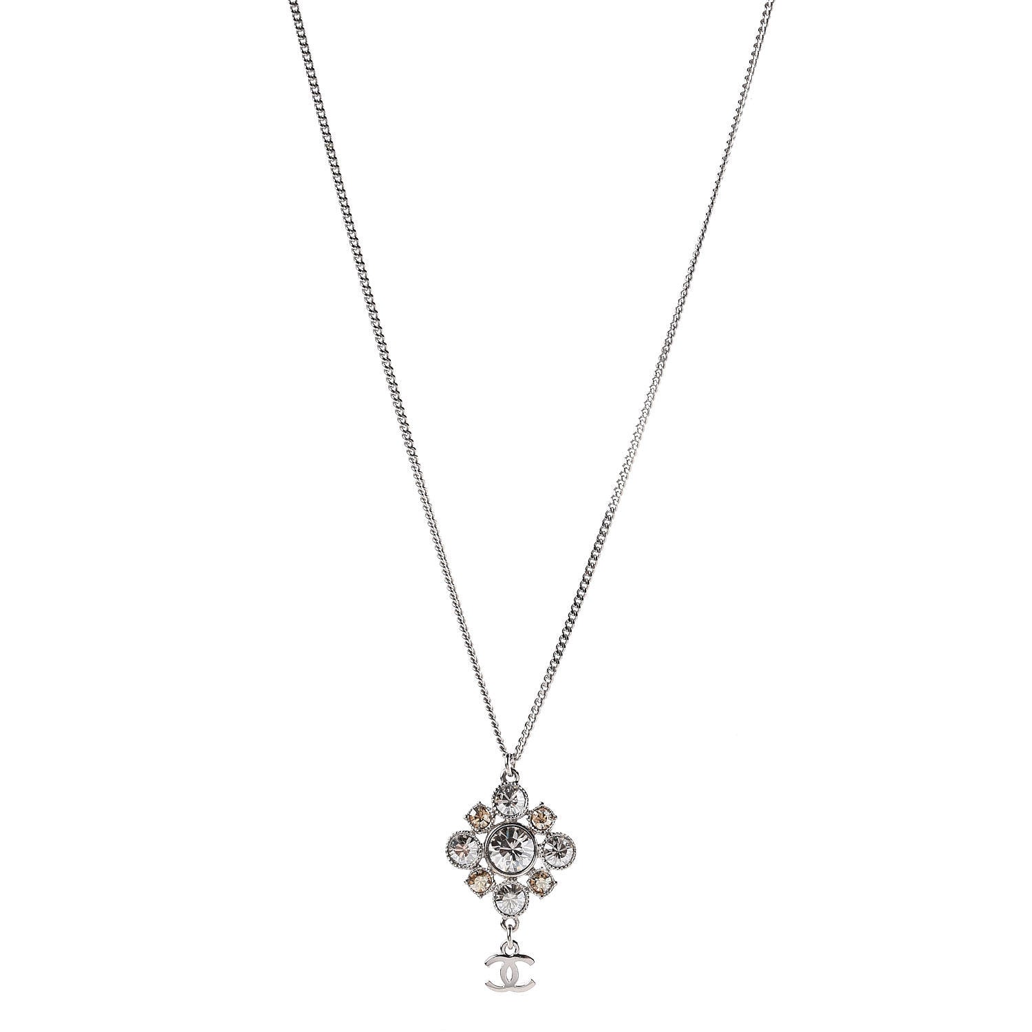 Chanel Crystal CC Drop Pendant Necklace Silver 1 of 7