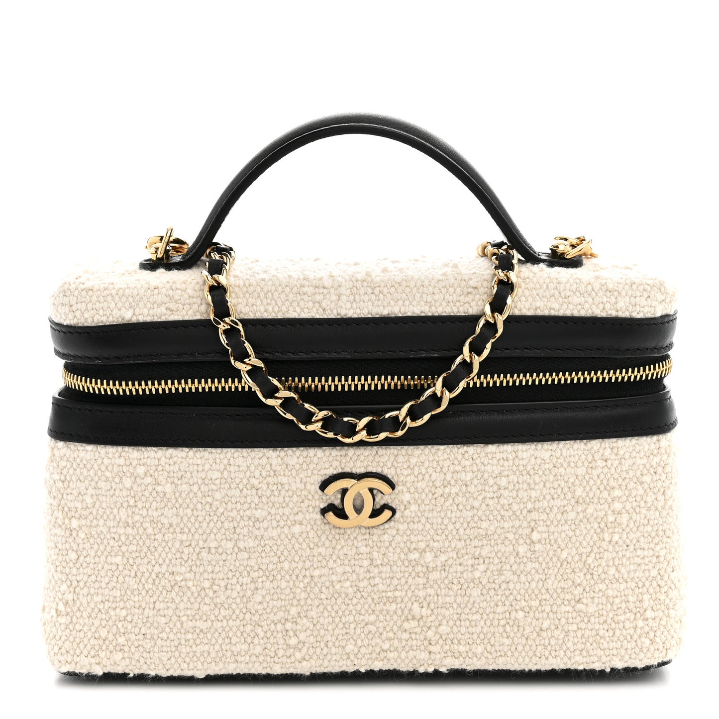 Boucle Calfskin Top Handle Slim Vanity Case With Chain Ecru Black