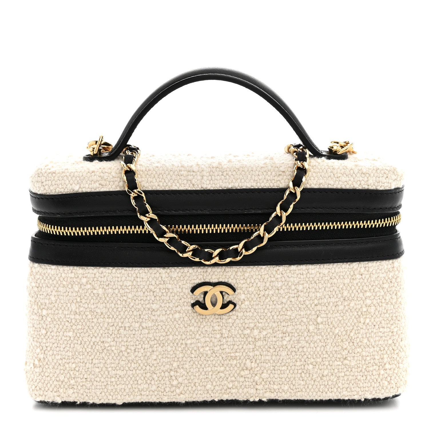 Chanel Boucle Calfskin Top Handle Slim Vanity Case With Chain Ecru Black 1 of 12