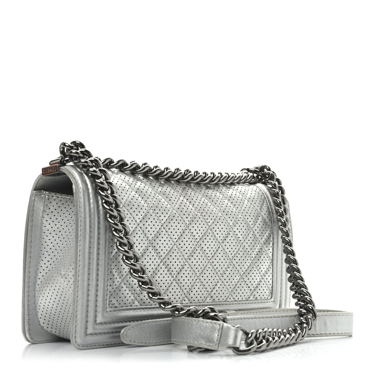 Metallic Lambskin Perforated Quilted Medium Boy Flap Argent