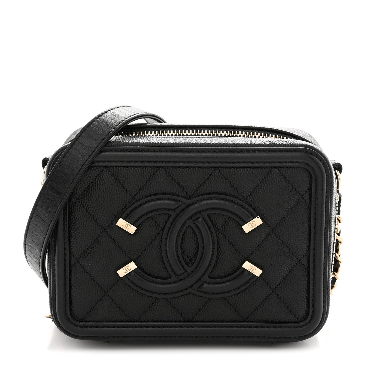 Caviar Quilted CC Filigree Vanity Clutch With Chain Black
