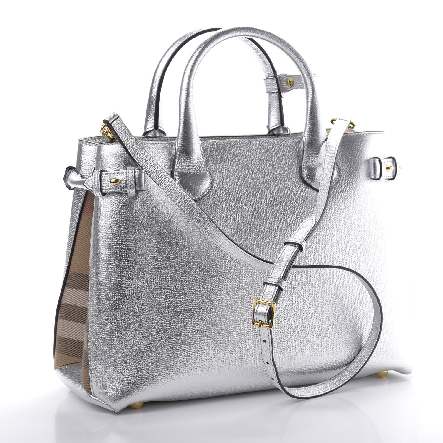Burberry Metallic Grainy Calfskin House Check Medium Banner Tote Silver 3 of 12
