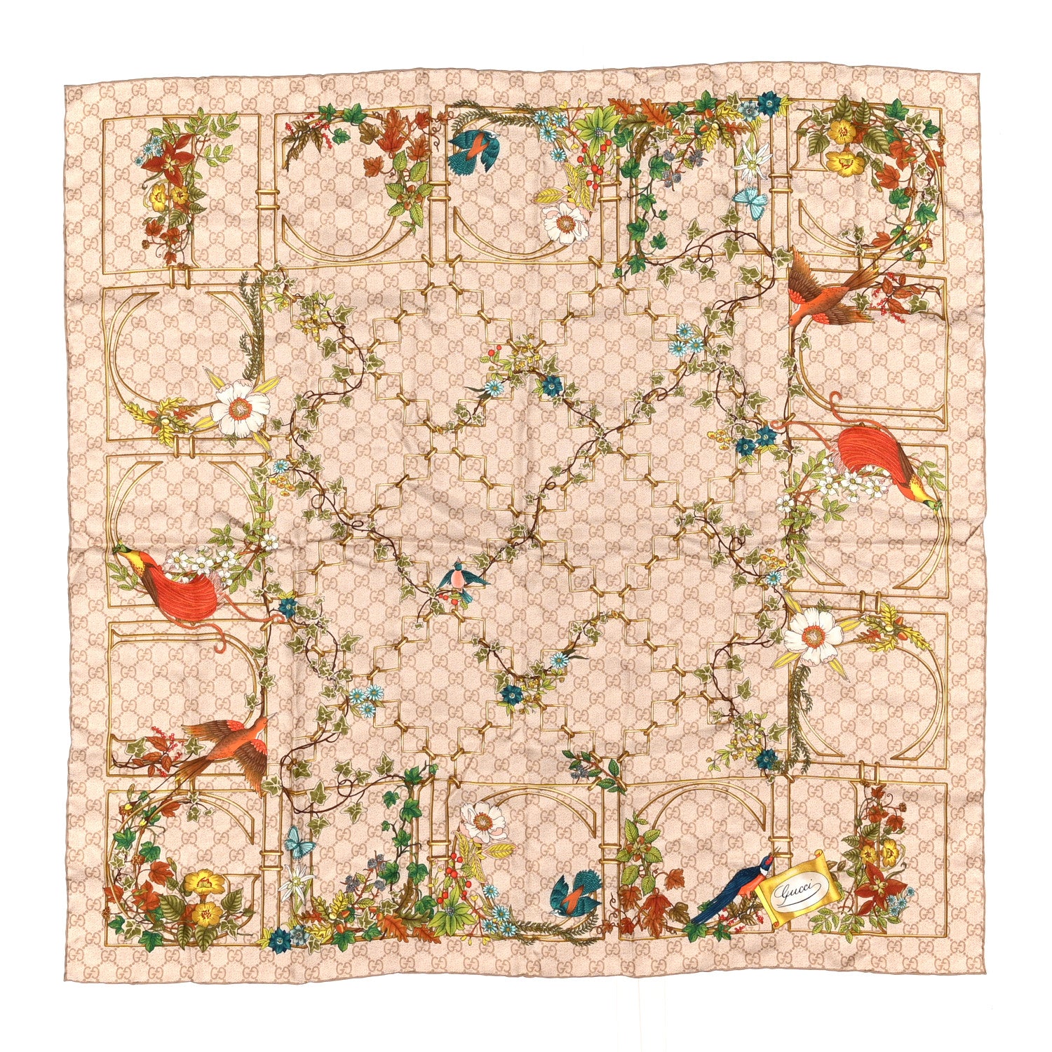 Gucci Silk Twill GG Monogram Animal Floral Print Scarf Brown Multicolor 1 of 3