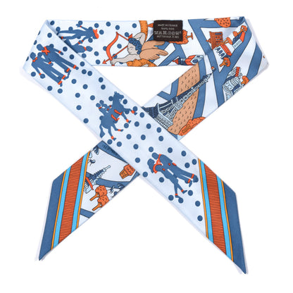 Hermes Silk Les Nouveaux Amoureux de Paris Twilly Ciel Blue Jean Orange 1 of 6
