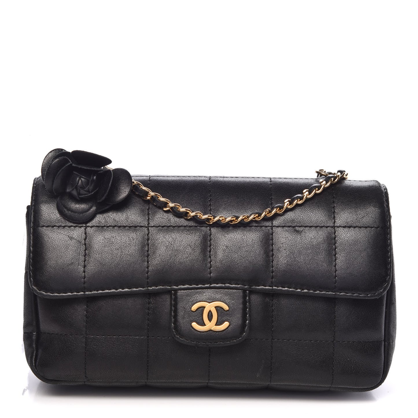 Lambskin Quilted Mini Chocolate Bar Camellia Flap Black