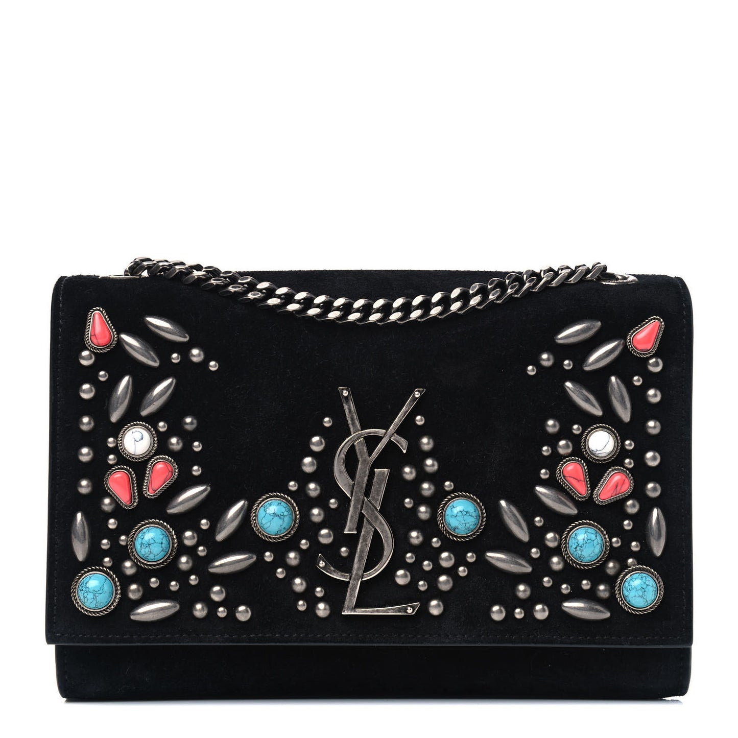 Suede Small Monogram Stone Studded Kate Satchel Black Turquoise Coral