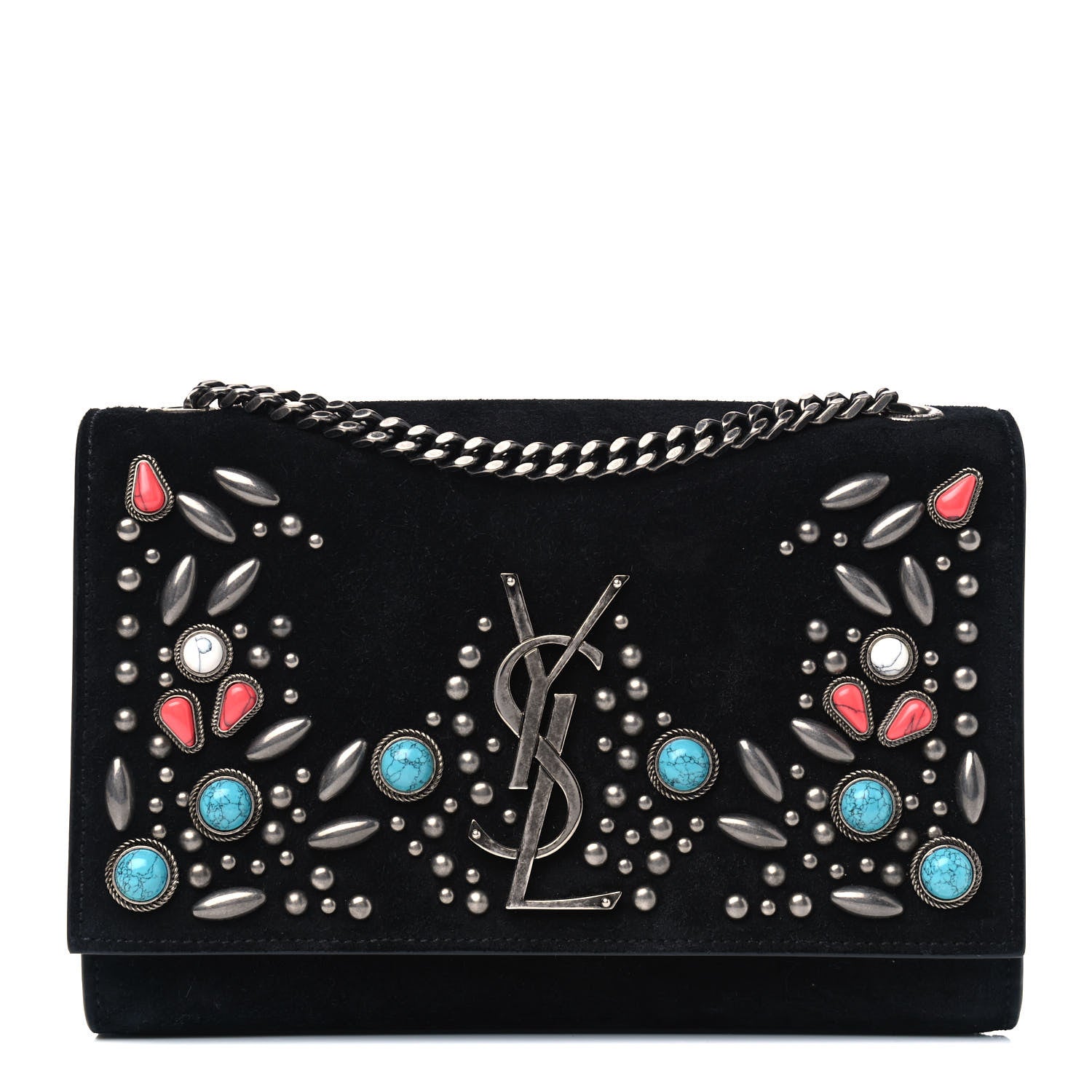 Saint Laurent Suede Small Monogram Stone Studded Kate Satchel Black Turquoise Coral 1 of 8