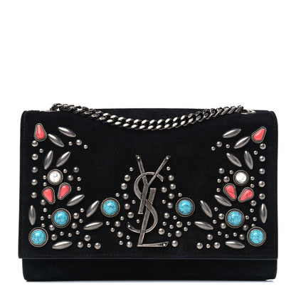 Saint Laurent Suede Small Monogram Stone Studded Kate Satchel Black Turquoise Coral 1 of 8
