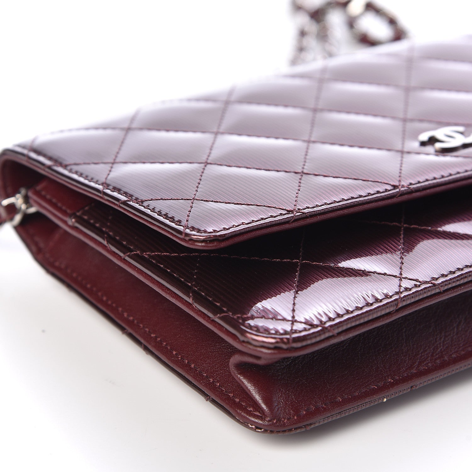 Chanel Striated Patent Quilted Wallet on Chain WOC Bordeaux 11 of 13