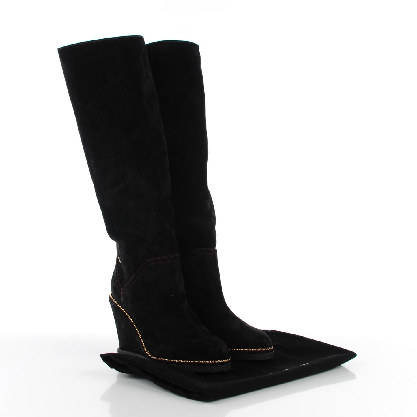 Suede Calfskin Chain Around High Boots 37 Black