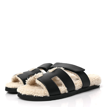 Hermes Calfskin Woolskin Womens Chypre Sandals 40 Black Ecru 3 of 7
