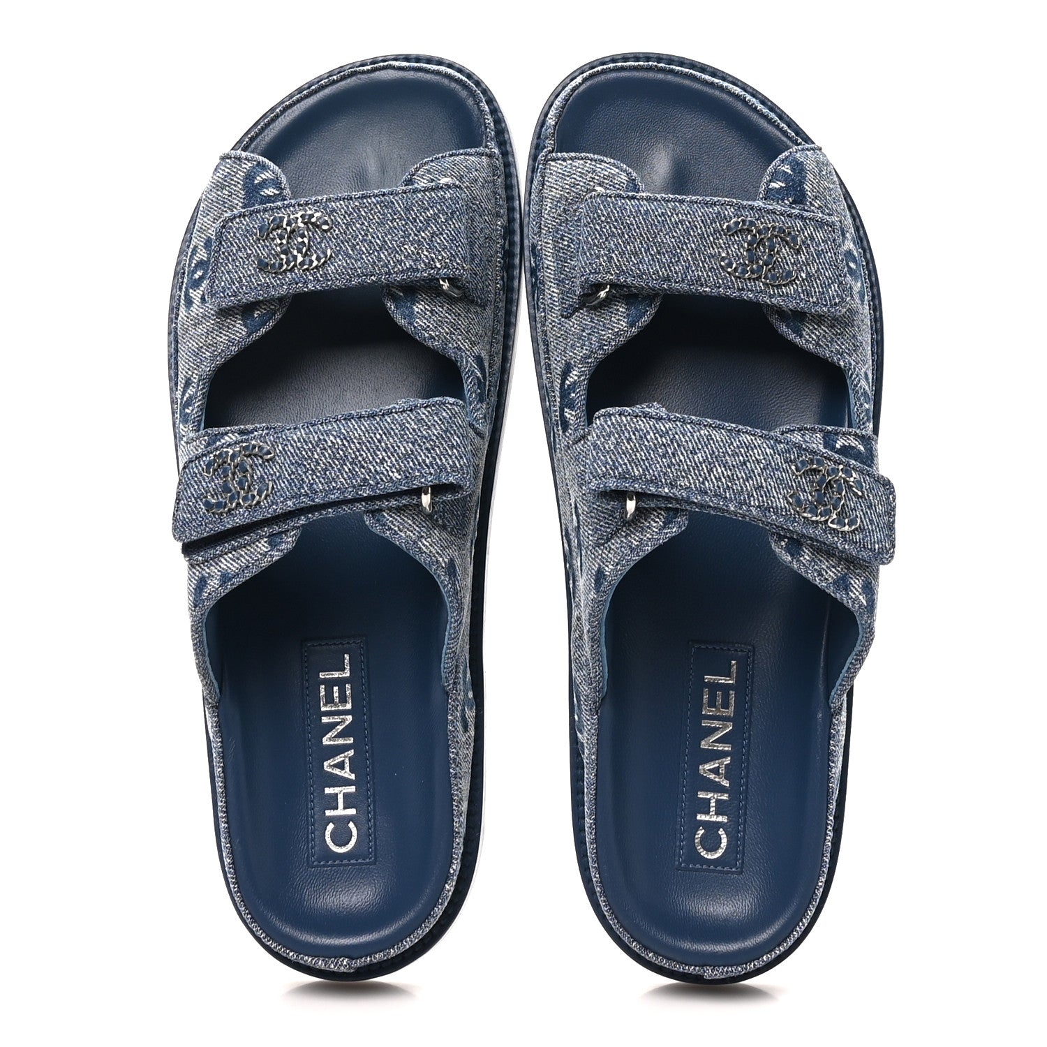 Chanel Denim CC Velcro Dad Chain CC Slide Sandals 39 Blue 1923587