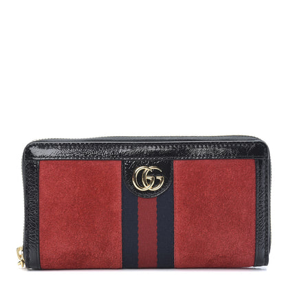 Gucci Suede Patent Web Ophidia Zip Around Wallet Hibiscus Red Black 1 of 9