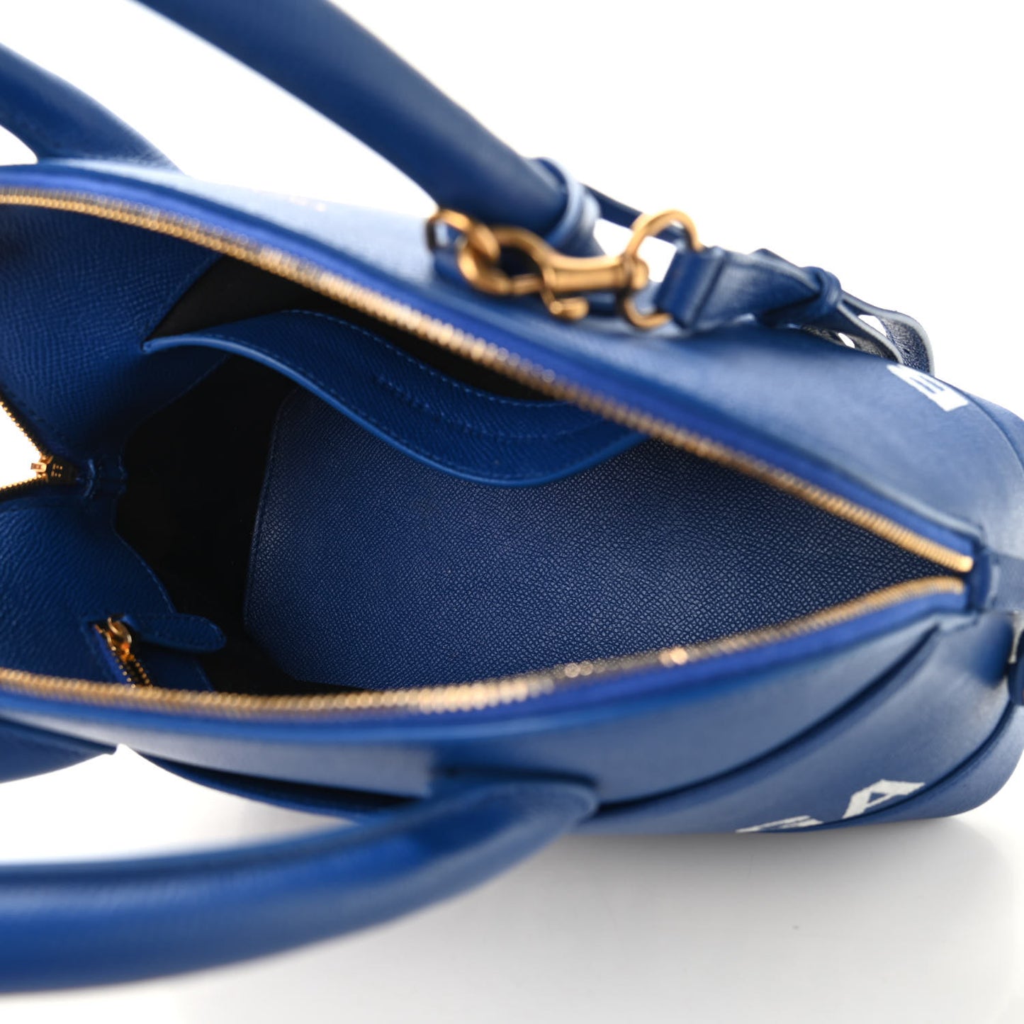 Signature Grained Calfskin Logo S Ville Top Handle Bag Bleu Roi White