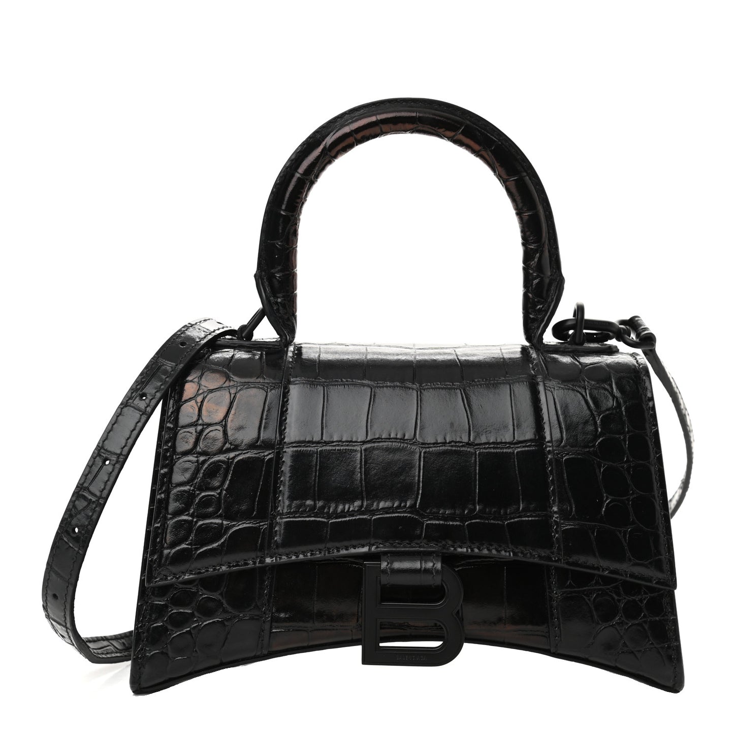 Shiny Calfskin Monochrome Crocodile Embossed Hourglass Top Handle Bag XS Black