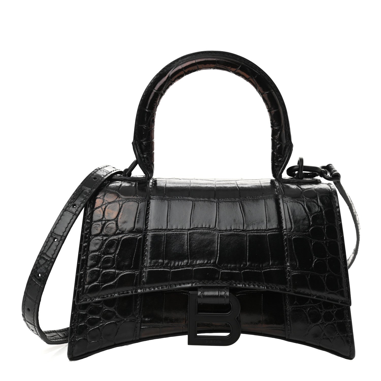 Balenciaga Shiny Calfskin Monochrome Crocodile Embossed Hourglass Top Handle Bag XS Black 1 of 9