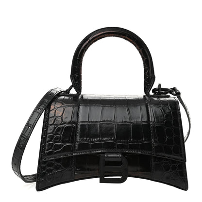 Balenciaga Shiny Calfskin Monochrome Crocodile Embossed Hourglass Top Handle Bag XS Black 1 of 9