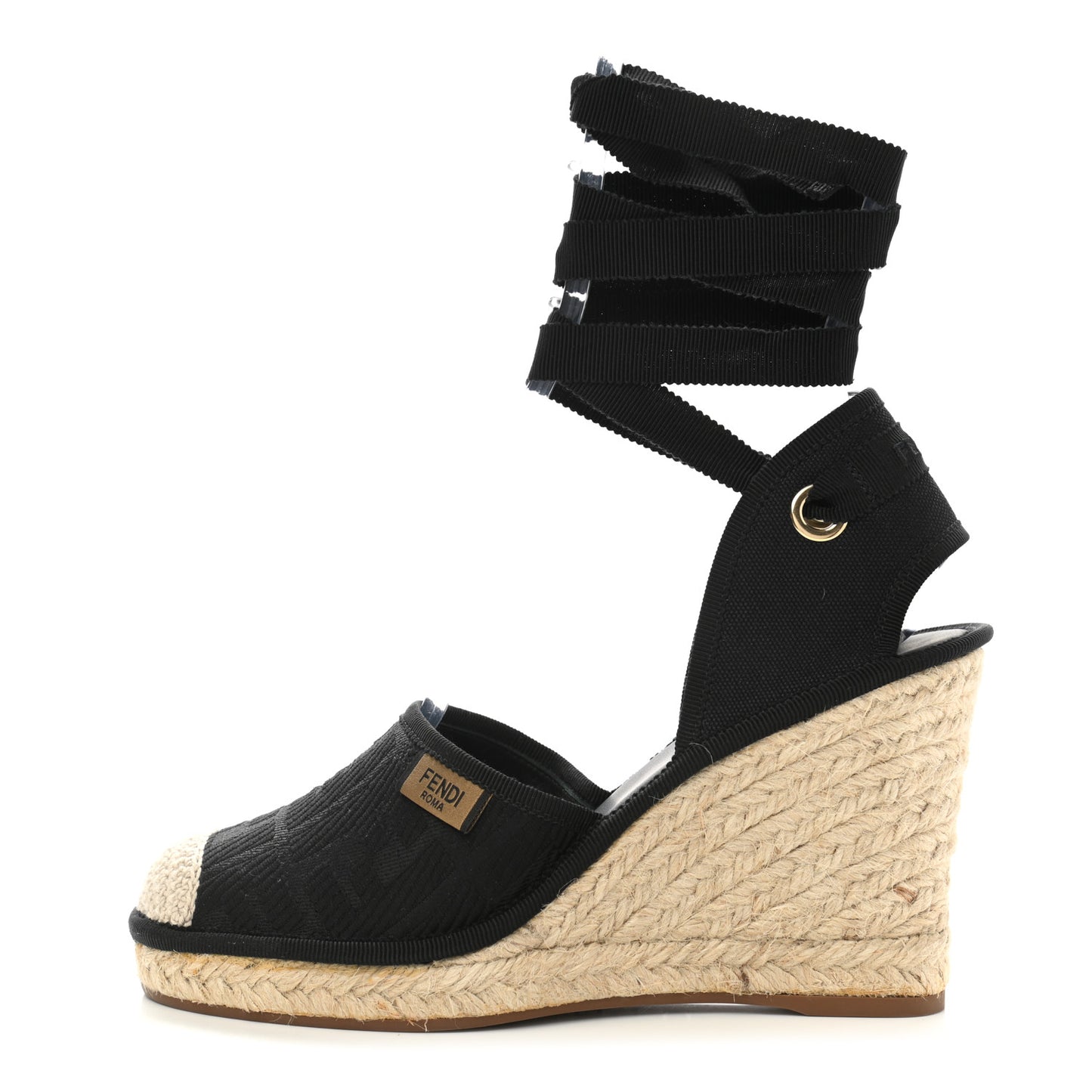 Canvas FF Embroidered Roma Ankle Wrap Wedge Espadrilles 36 Black