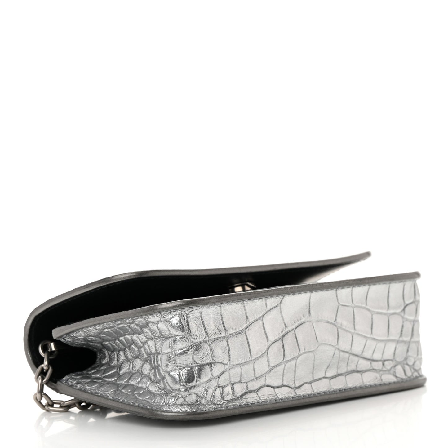 Metallic Extra Supple Calfskin Crocodile Embossed Gossip Wallet On Chain Silver