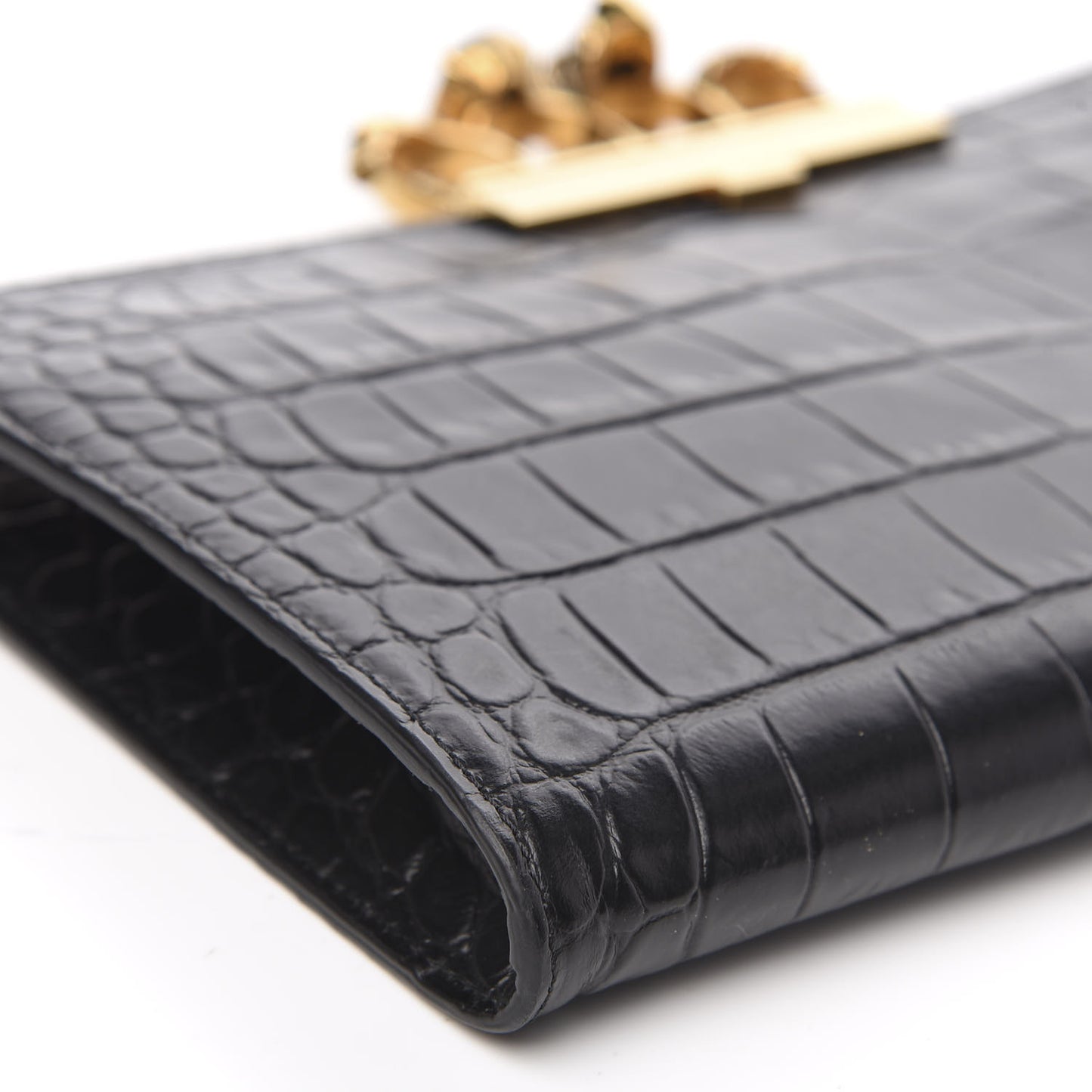 Calfskin Crocodile Embossed Knuckle Flat Clutch Black