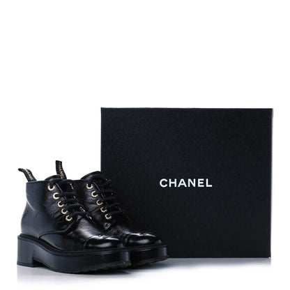 Chanel Shiny Calfskin Pearl Lace Up Combat Short Boots 38.5 Black 9 of 9