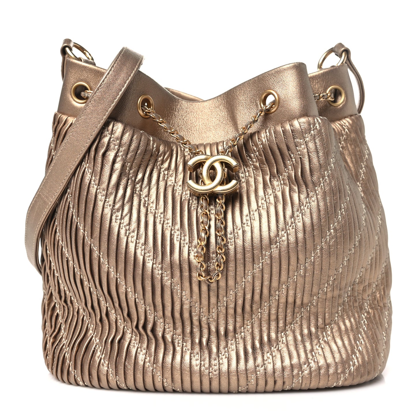 Metallic Lambskin Coco Pleats Drawstring Bag Gold