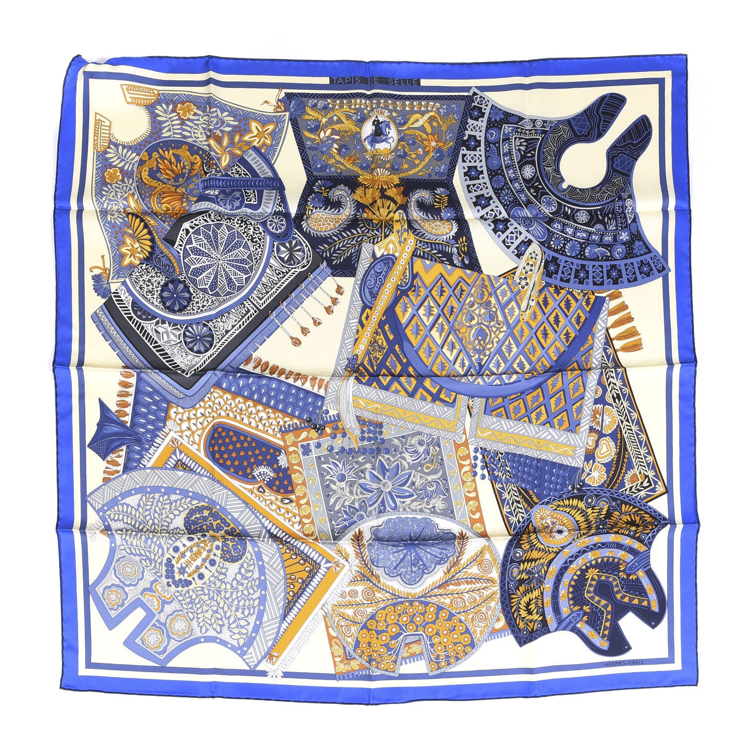 Hermes Silk Tapis De Selle Scarf 90 Vanille Bleu Royal Gold 1 of 5