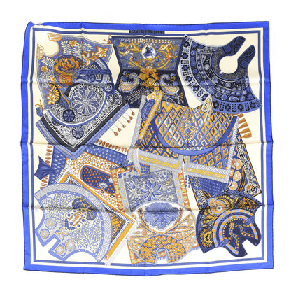 Hermes Silk Tapis De Selle Scarf 90 Vanille Bleu Royal Gold 1 of 5