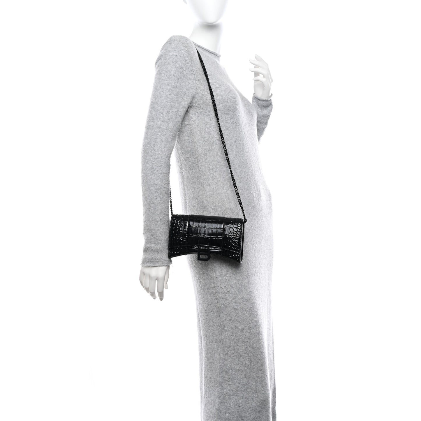 Shiny Calfskin Monochrome Crocodile Embossed Hourglass Chain Bag Black