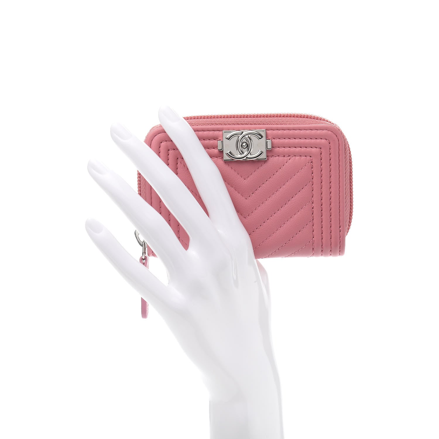 Chanel Calfskin Chevron Quilted Zip Around Boy Coin Purse Wallet Pink 2 of 9