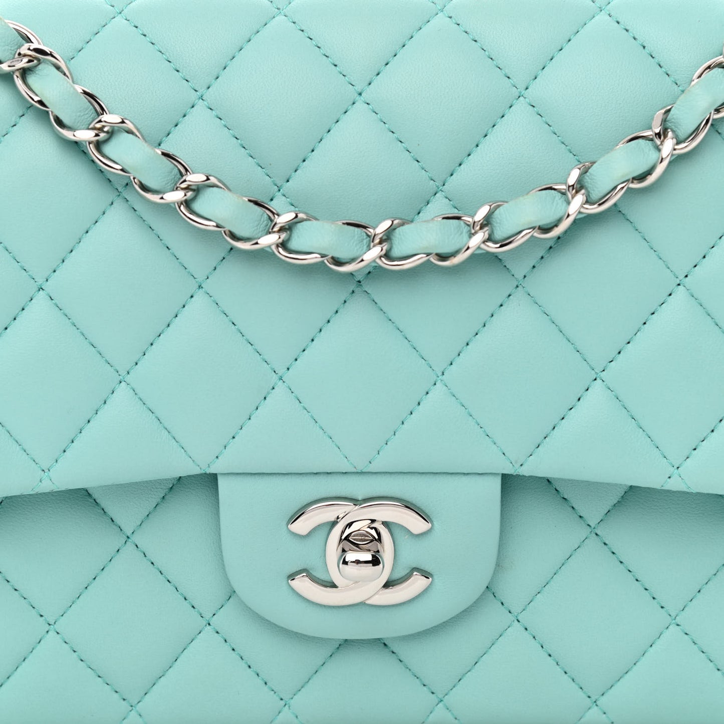 Lambskin Quilted Medium Double Flap Light Blue