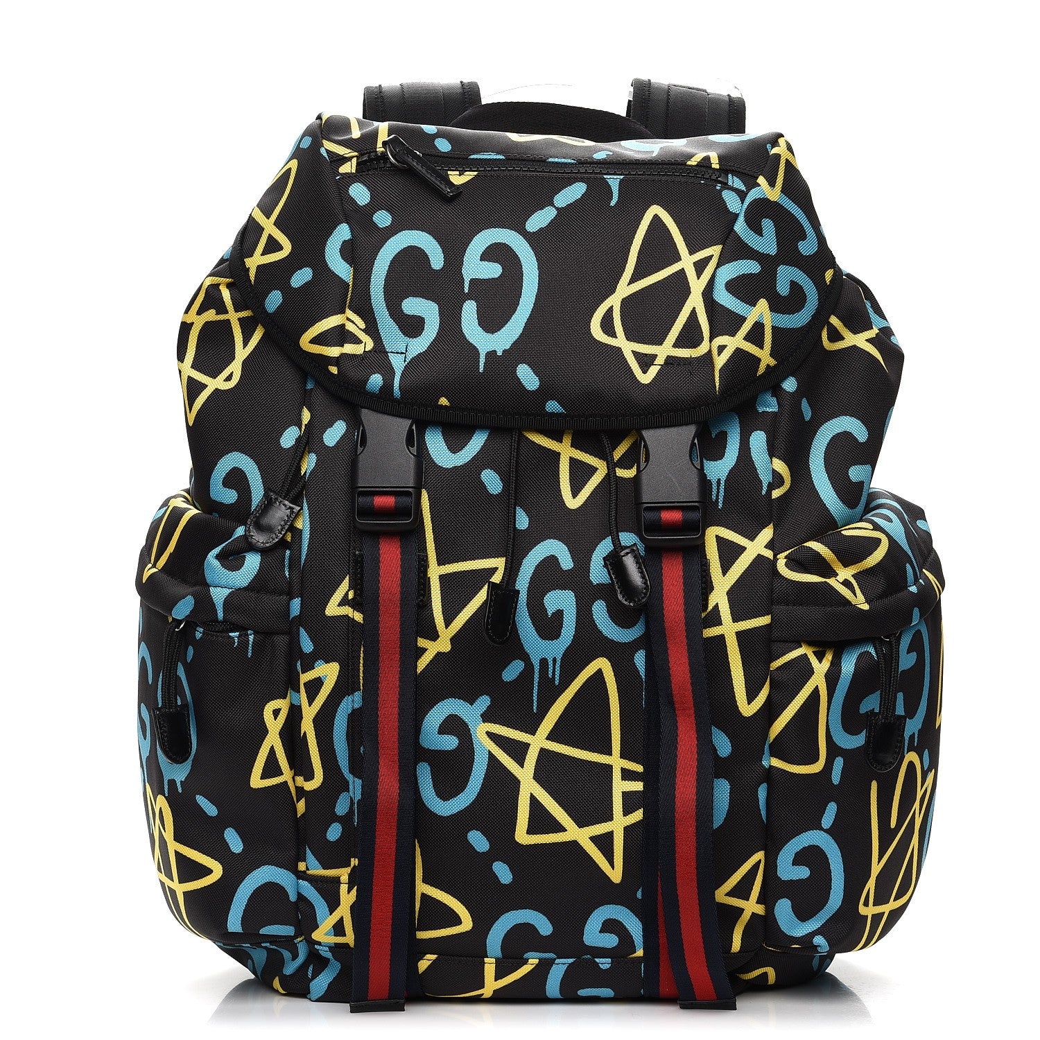 Gucci Techno Canvas GucciGhost Double Buckle Backpack Black New Acquamarine 1 of 8
