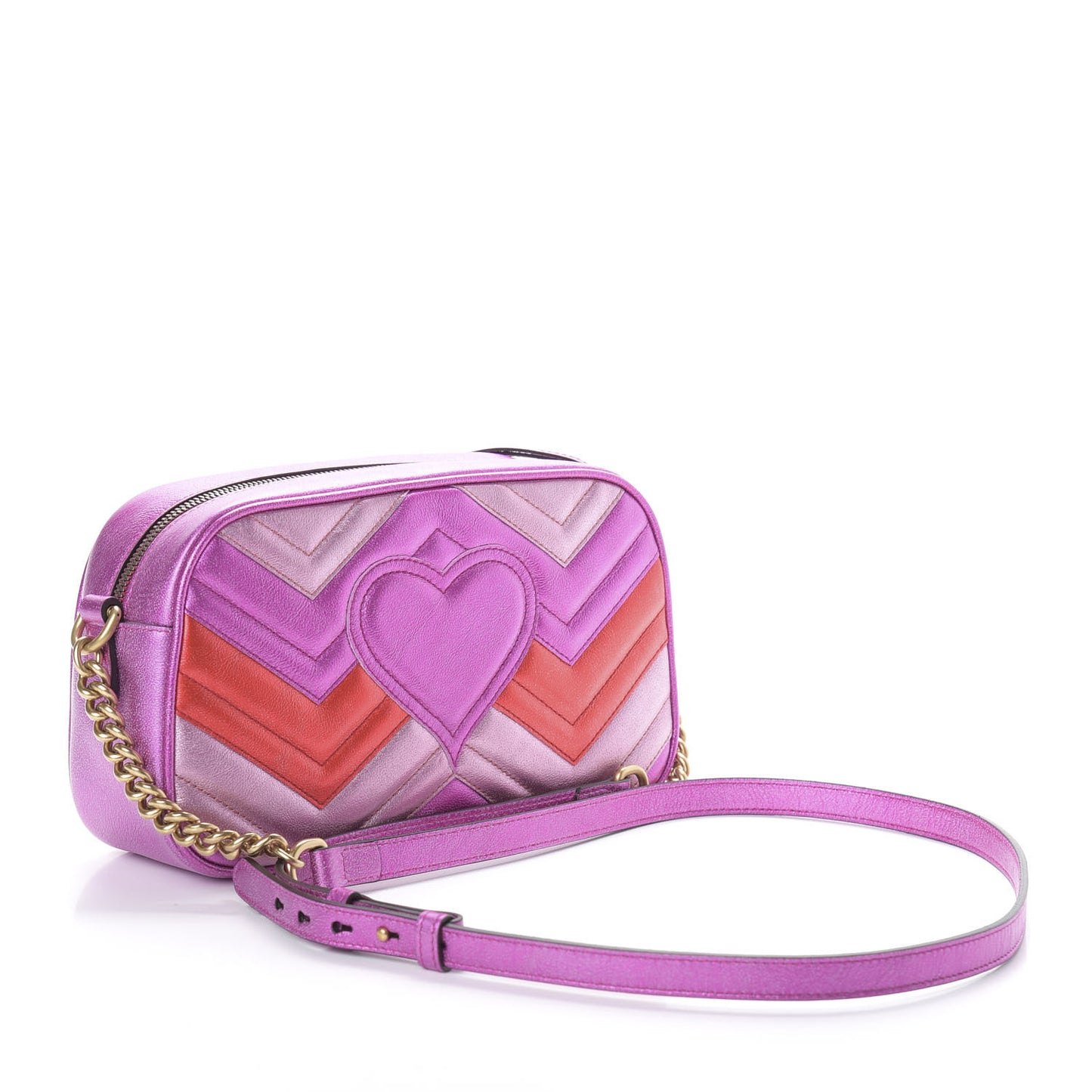 Laminated Nappa Matelasse Small GG Marmont Chain Shoulder Bag Fuxia Rosso Rosa