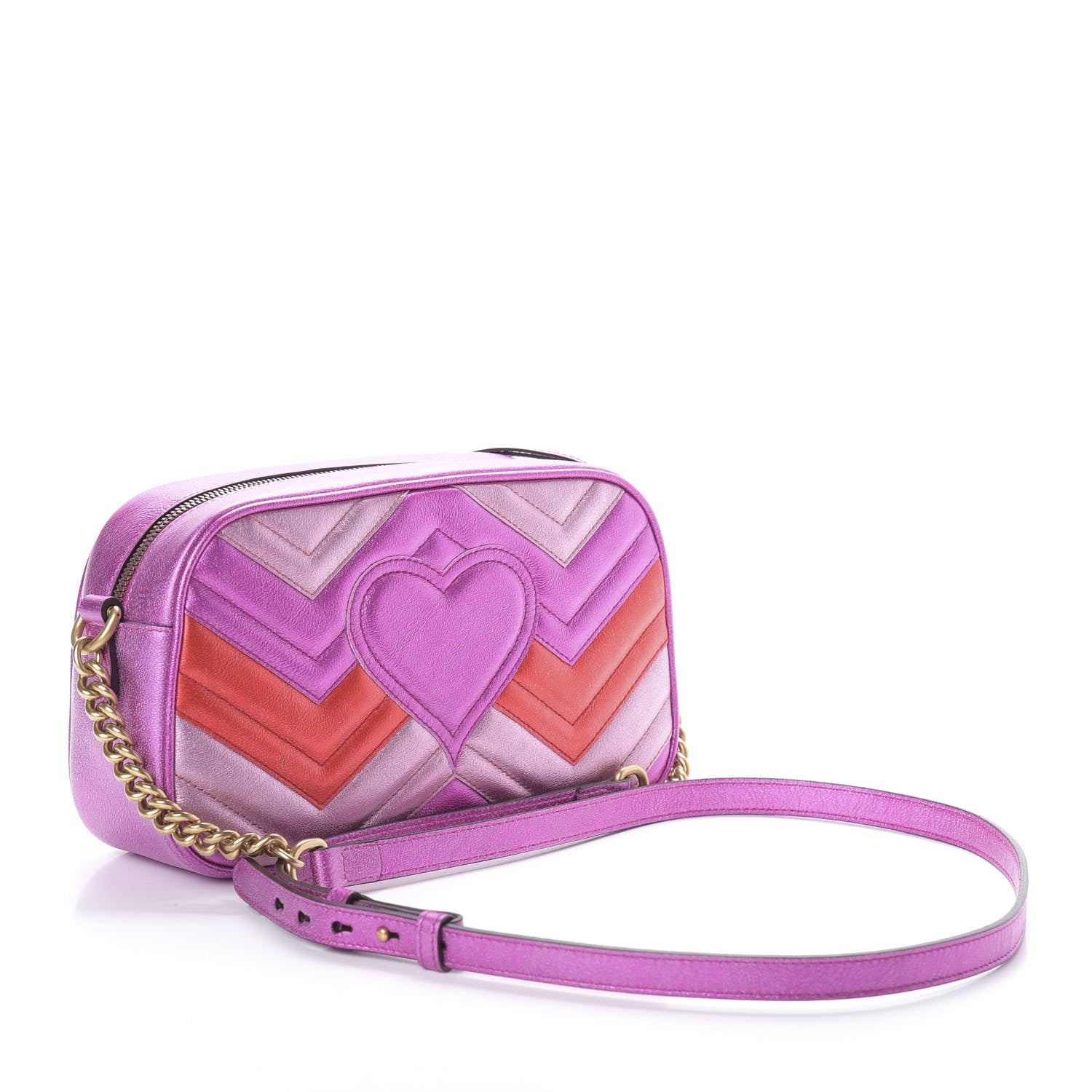 Gucci Laminated Nappa Matelasse Small GG Marmont Chain Shoulder Bag Fuxia Rosso Rosa 3 of 9