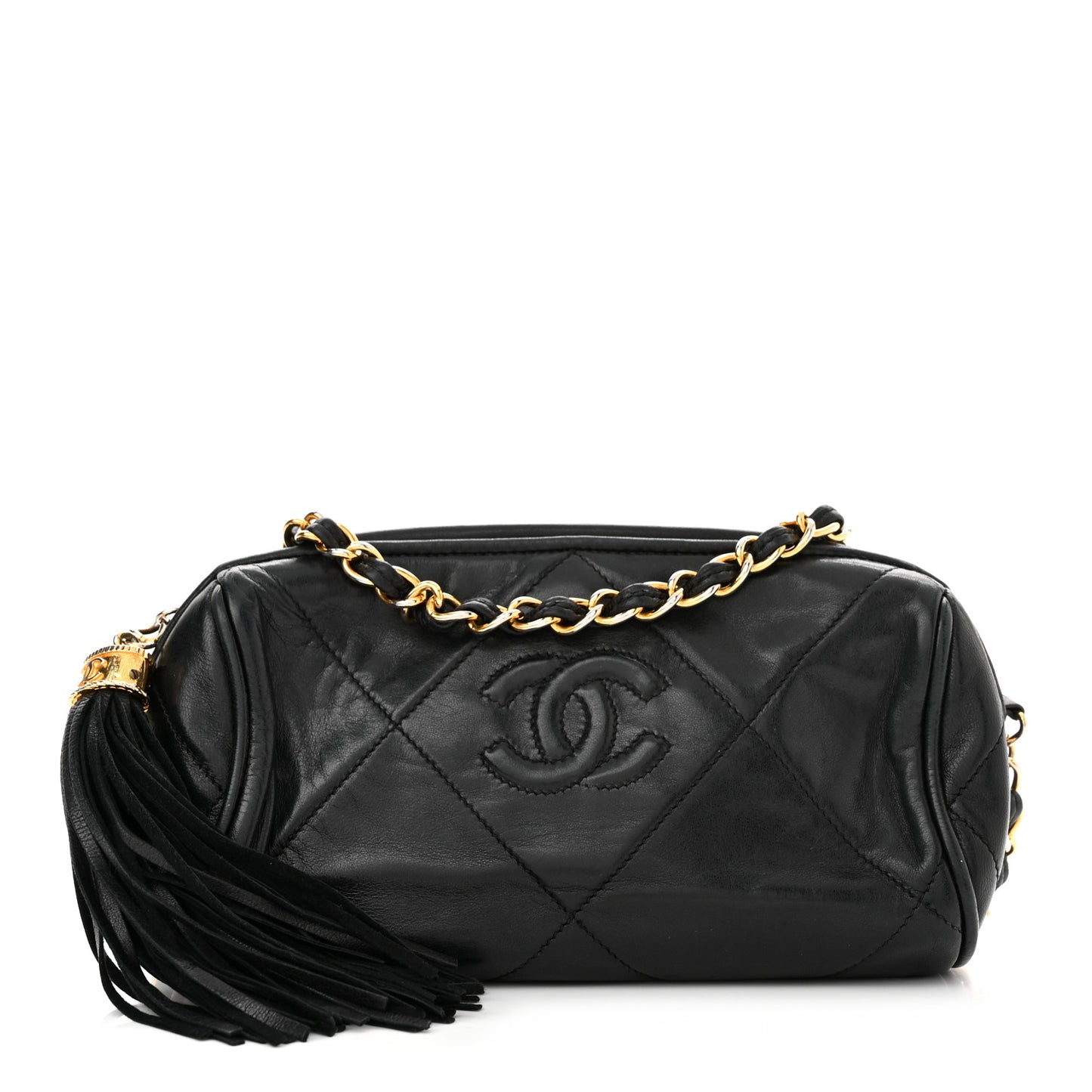 Lambskin Quilted Small Tassel Camera Case Black