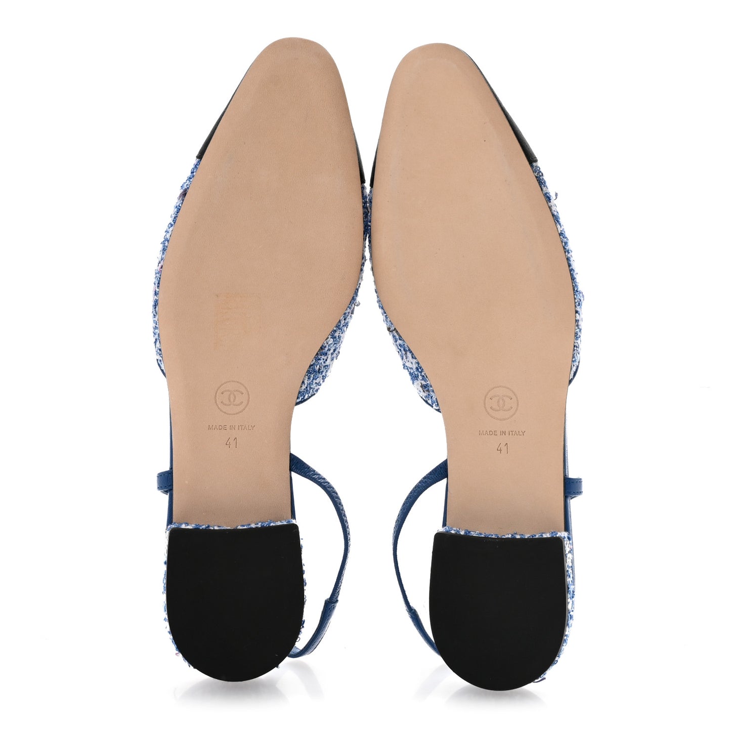 Tweed Grosgrain Cap Toe Slingback Flats 41 Blue White Black